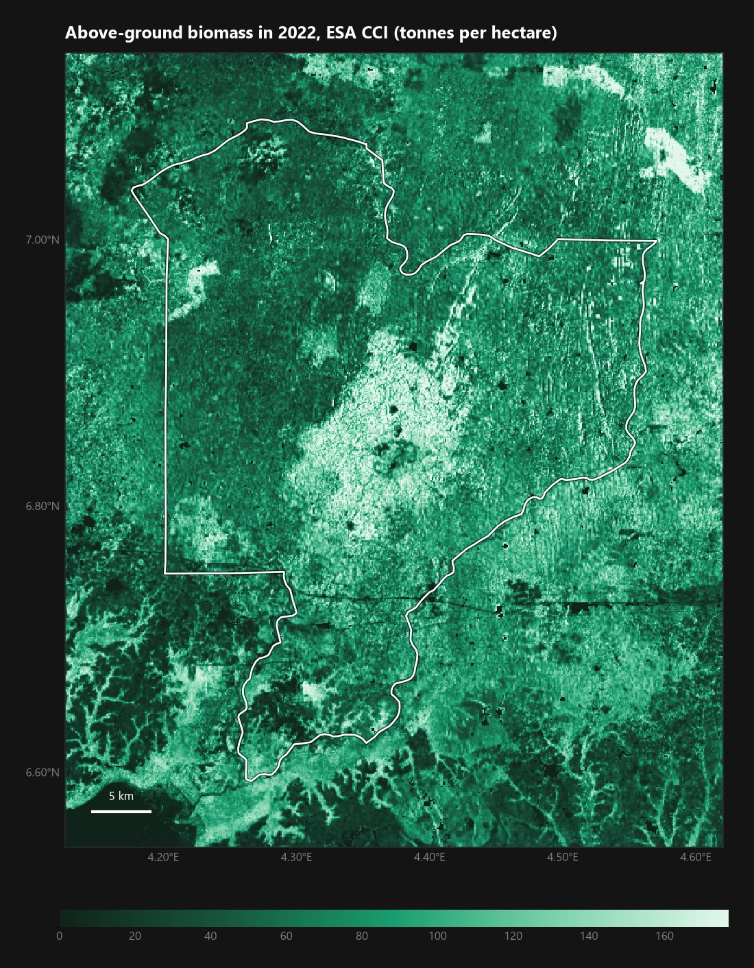 <b>Biomass, 2022.</b> The map tops out near 135 t per hectare (90th percentile) inside the reserve.