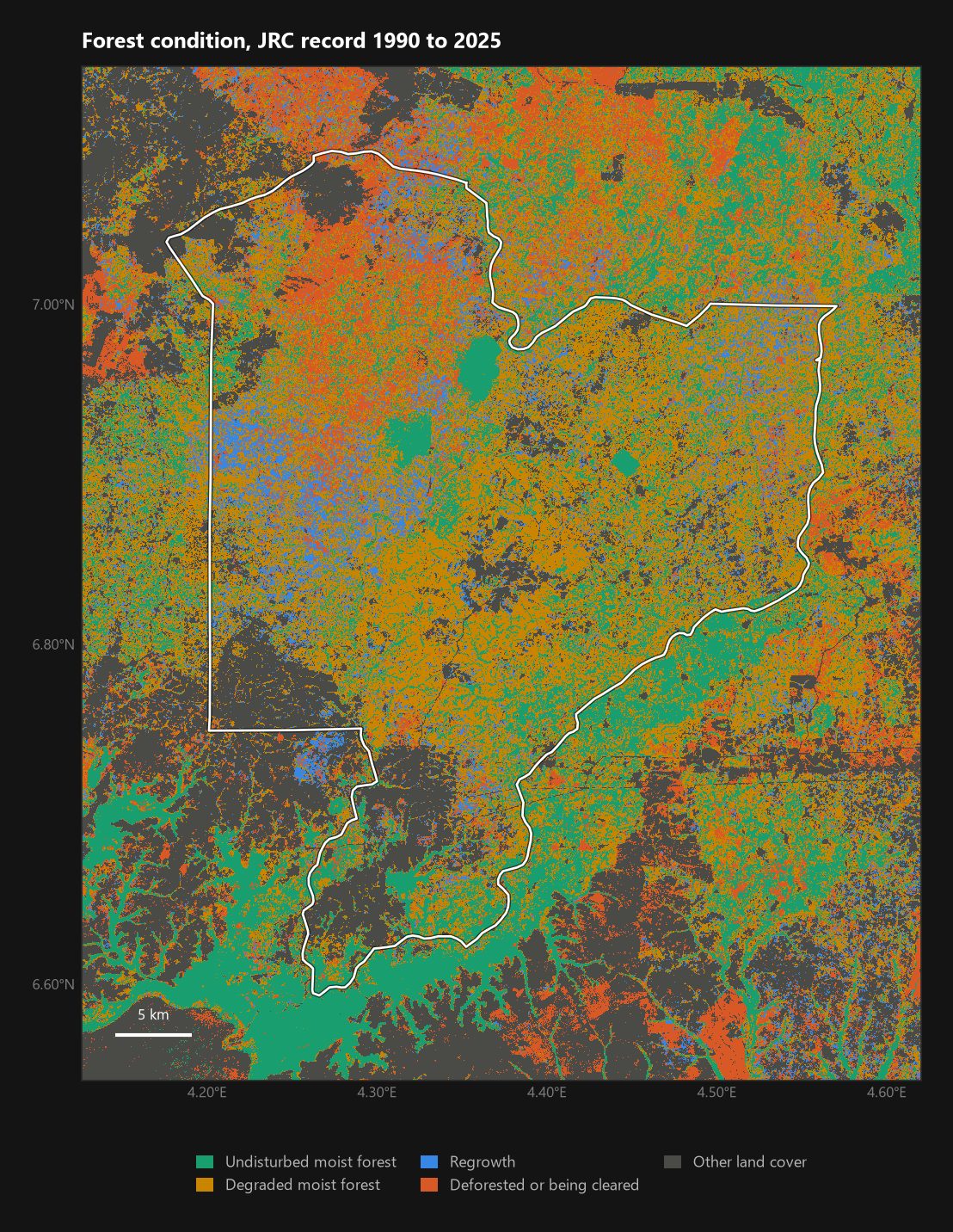 <b>Condition of the forest.</b> Yellow dominates: most of Omo is forest that has been logged or thinned at least once. The north-west is the main clearing front.