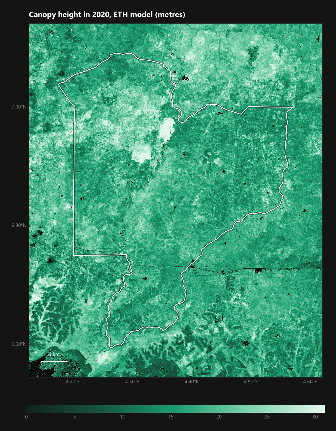 <b>Modelled canopy height.</b> Taller, lighter patches are the least disturbed blocks.