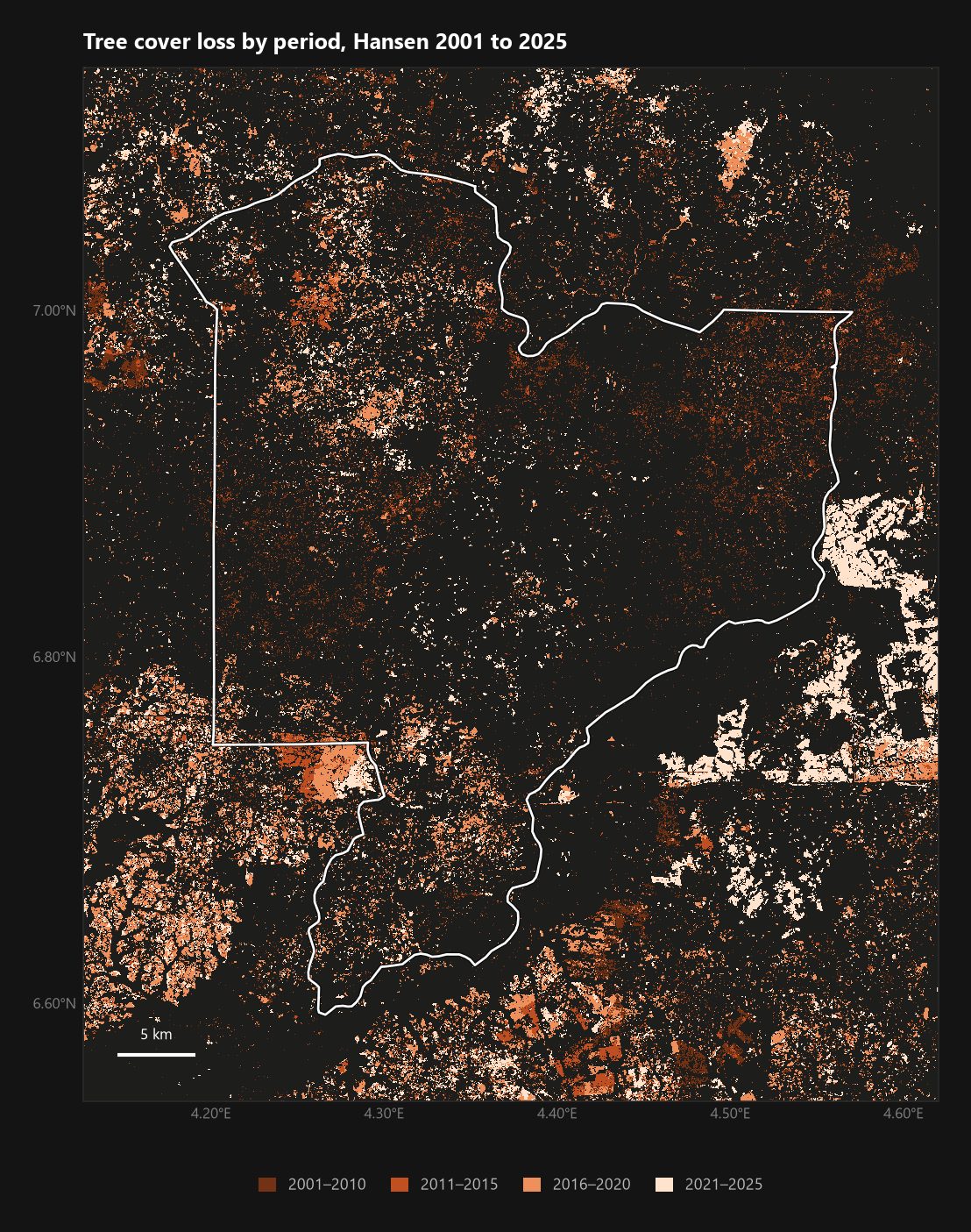 <b>Tree cover loss by period.</b> The lightest colour is the most recent five years.