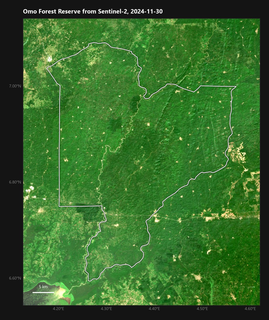 <b>Omo from space.</b> Sentinel-2, 2024-11-30, the most recent cloud-free pass found. No pass in the 2025–26 dry season was under 19% cloud. The white line is the boundary used throughout; the frame extends about 5.5 km beyond it.