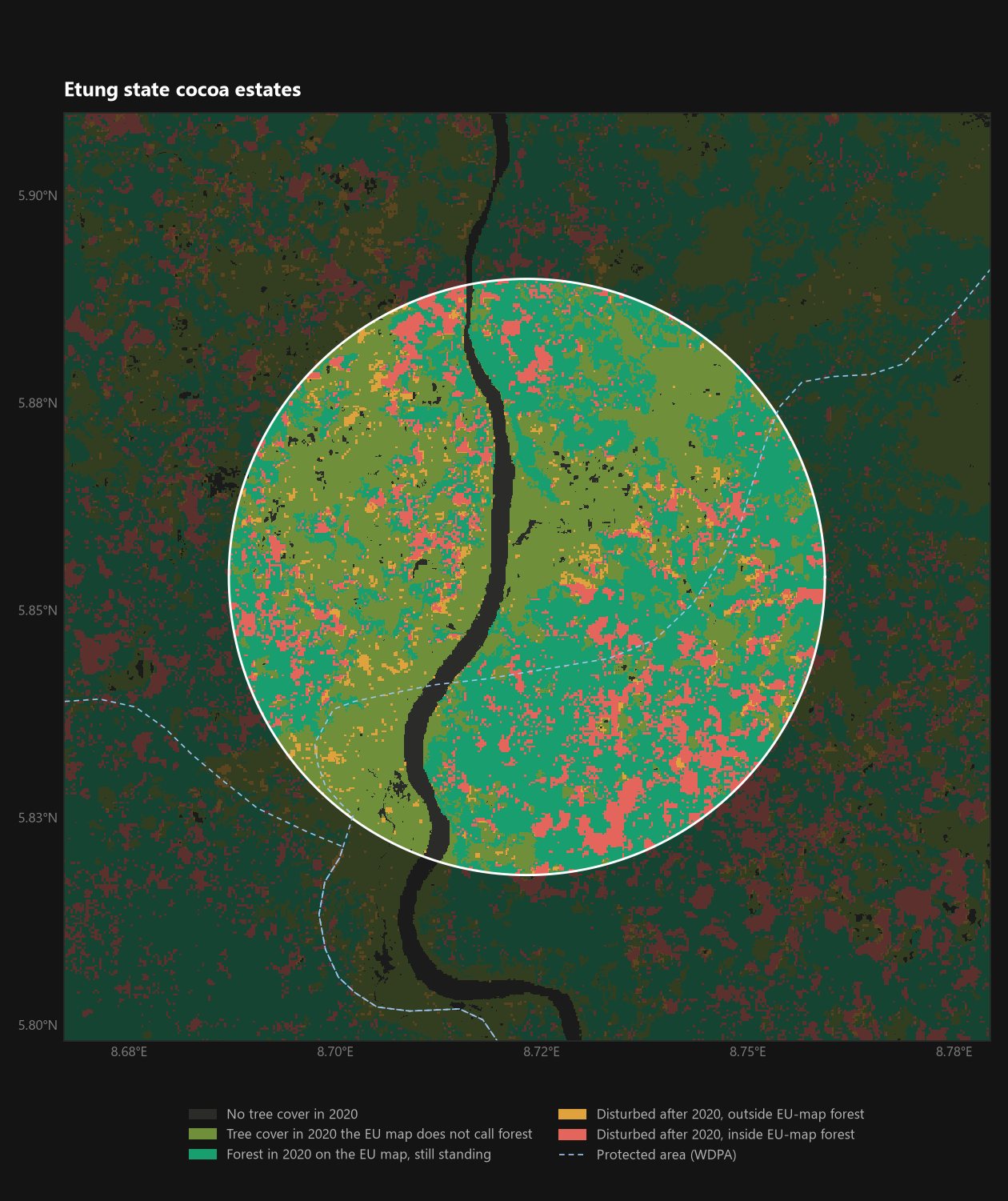 Etung estates, Cross River. Red is disturbance after 2020 inside EU-map forest. The dashed blue line is Cross River North Forest Reserve.