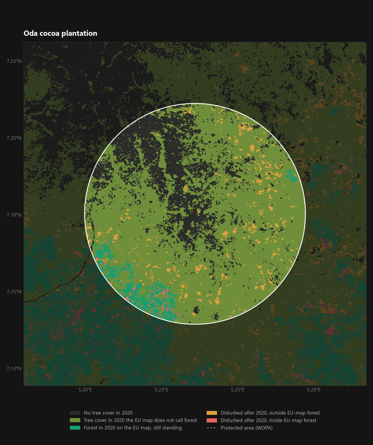 Oda, Ondo. Olive is tree cover the EU map does not call forest: the cocoa belt. Orange specks are post-2020 disturbance outside EU-map fores
