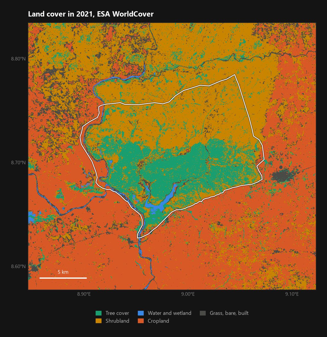 <b>Land cover in 2021.</b> Tree cover follows the drainage lines; shrubland fills the rest. The lake and wetland are in the south-west.