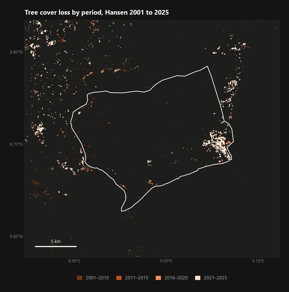 <b>Tree cover loss by period.</b> The pale block in the south-east corner is 2024 and 2025.