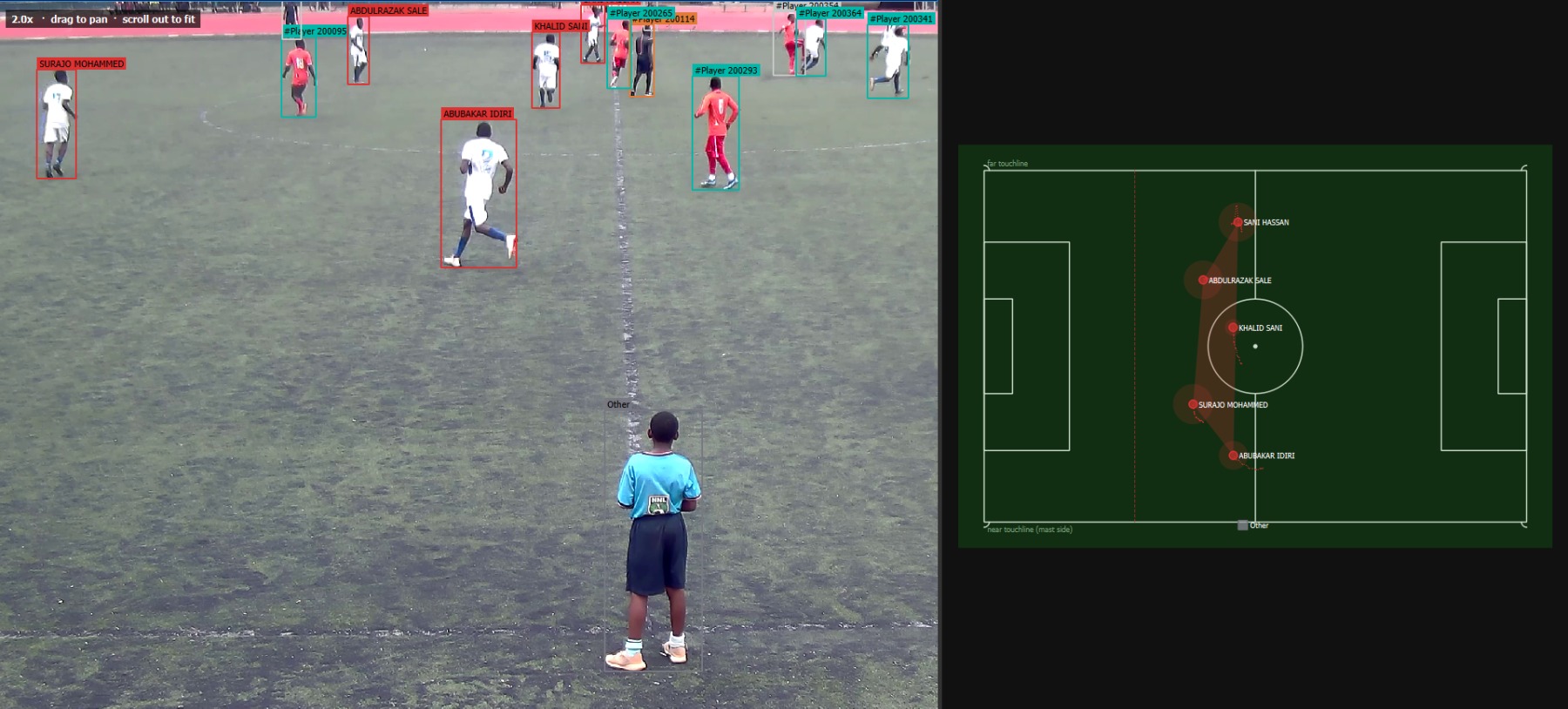 PitchTrack running on real match footage: the left panel shows players boxed and followed, four of them named — Surajo Mohammed, Abdulrazak Sale, Khalid Sani, Abubakar Idiri — and the rest still labelled #Player, with a boy in a blue shirt marked Other; the right panel is a top-down green pitch showing those four named players with the ground each has covered shaded around them.