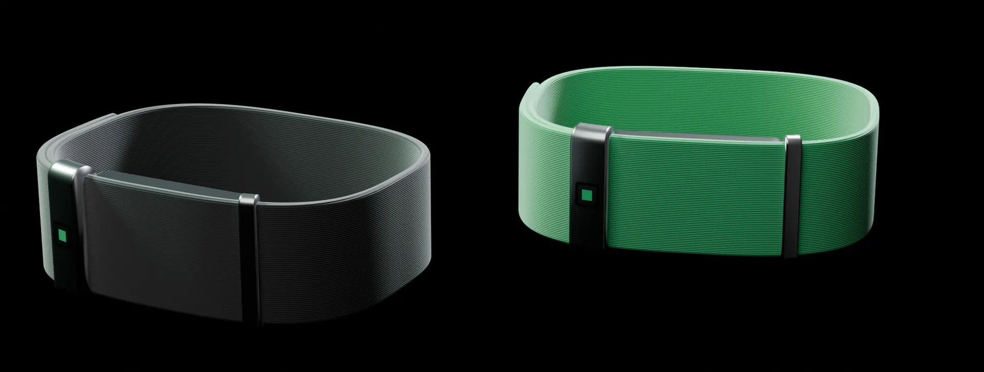 Two concept renders of the band side by side, one black and one green
